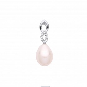 Silver CZ & White Rice Shape Fresh Water Pearl Drop Pendant