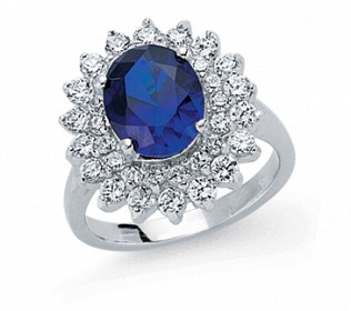 925 Sterling Silver Oval Sapphire & White CZ Cluster Ring