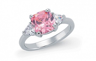 925 Sterling Silver Pink Princess Cut Ring With CZ Sides