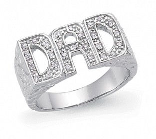 925 Sterling Silver Gents CZ 'DAD' Ring With Barked Sides