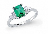 925 Sterling Silver Green Emerald Cut Solitaire Ring With CZ Accents