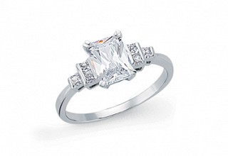 925 Sterling Silver CZ Emerald Cut Solitaire Ring & CZ Shoulders