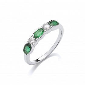 925 Sterling Silver 5 Stone Alternate CZ & Green Round Stone Ring