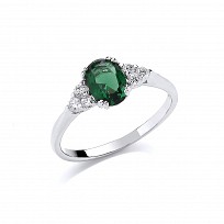 925 Sterling Silver Ring with Centre Emerald Stone & CZ