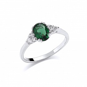 925 Sterling Silver Ring with Centre Emerald Stone & CZ