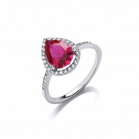 925 Sterling Silver Cubic Zirconia Ruby Pear Drop Ring With CZ Sides
