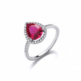 925 Sterling Silver Cubic Zirconia Ruby Pear Drop Ring With CZ Sides