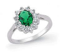 925 Sterling Silver Rhodium Plated White & Emerald Cubic Zirconia Ring