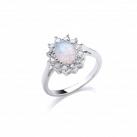 925 Sterling Silver Rhodium Plated White  Opal Cubic Zirconia Ring