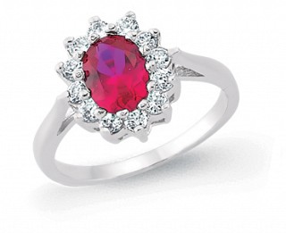925 Sterling Silver Rhodium Plated Cubic Zirconia White & Ruby Ring