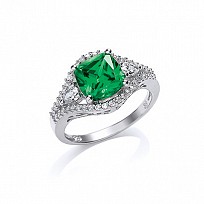 925 Sterling Silver CZ & Emerald Fancy Dress Ring