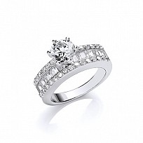 925 Sterling Silver CZ Round Baguette Solitaire Ring