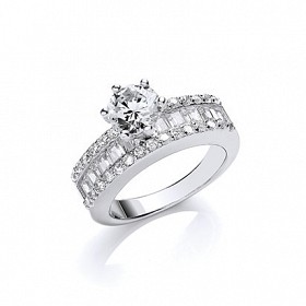 925 Sterling Silver CZ Round Baguette Solitaire Ring