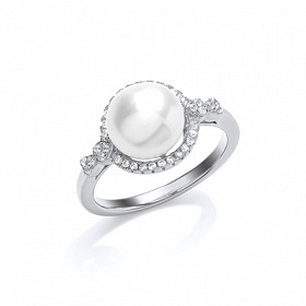 925 Sterling Silver CZ & Freshwater Pearl Fancy Ring