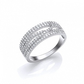 925 Sterling Silver CZ Fancy 5 Row Crossover Ring