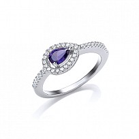 925 Sterling Silver CZ & Sapphire Pear Shaped Solitaire Ring