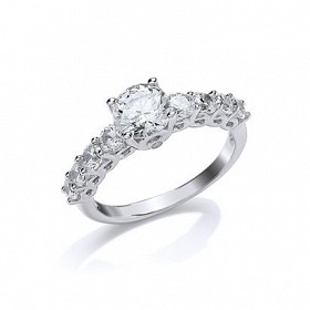 925 Sterling Silver Rhodium Plated CZ Solitaire Ring With CZ Shoulders