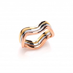 925 Sterling Silver, Rose Gold & Yellow Gold Plated 3 Row Wave Ring