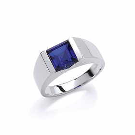 925 Sterling Silver Gents Single Stone Square Sapphire Ring