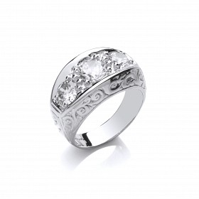 925 Sterling Silver Gents 3 Stone Ring With Engraved Detail
