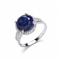 925 Sterling Silver CZ Round Creative Sapphire Ring With Pave Shoulders