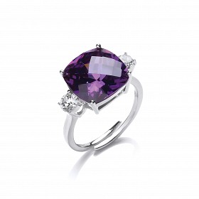 925 Sterling Silver CZ & Amythest Cushion Cut Claw Set Ladies Ring