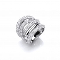 925 Sterling Silver CZ Fancy 6 Row Crossover Ring