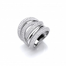925 Sterling Silver CZ Fancy 6 Row Crossover Ring