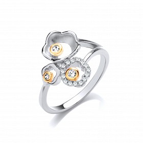 925 Sterling Silver & Gold Plated CZ Fancy Flower Ring