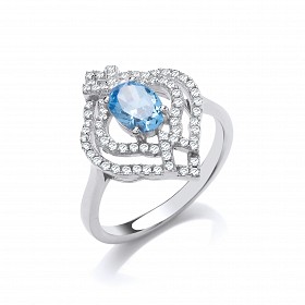 925 Sterling Silver CZ & Aqua Blue Fancy Ring