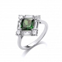 925 Sterling Silver CZ & Emerald Claw & Channel Set Ring