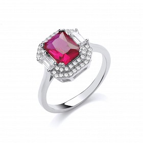Silver Rhodium Plated CZ & Ruby Fancy Ring