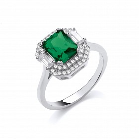 Silver Rhodium Plated CZ & Emerald Fancy Ring
