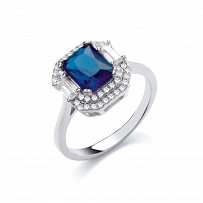 Silver Rhodium Plated CZ & Sapphire Fancy Ring
