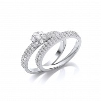 Silver CZ Cluster Bridal 2 Ring Set