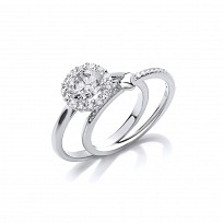 Silver CZ Solitaire & Heart Wedding Band Set