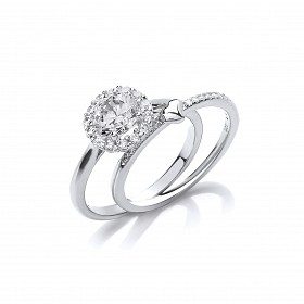 Silver CZ Solitaire & Heart Wedding Band Set