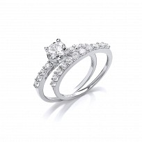 Silver CZ Solitaire Wedding Band Set