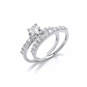 Silver CZ Solitaire Wedding Band Set
