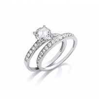 Silver CZ Solitaire Wedding Band Set