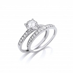 Silver CZ Solitaire Wedding Band Set