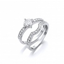925 Sterling Silver CZ Solitaire Wedding Band Set