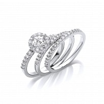 Silver CZ Solitaire Cluster Wedding Band Set