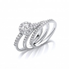 Silver CZ Solitaire Cluster Wedding Band Set