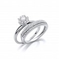 925 Sterling Silver CZ Solitaire & Triple Row Wedding Band Set