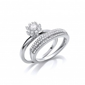 925 Sterling Silver CZ Solitaire & Triple Row Wedding Band Set