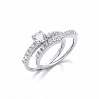 925 Sterling Silver CZ Solitaire & Wish Bone Wedding Band Set