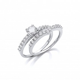 925 Sterling Silver CZ Solitaire & Wish Bone Wedding Band Set