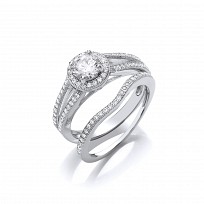 Silver CZ Solitaire & Wish Bone Wedding Band Set