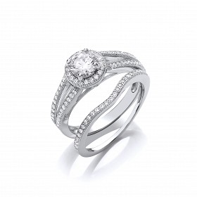 Silver CZ Solitaire & Wish Bone Wedding Band Set